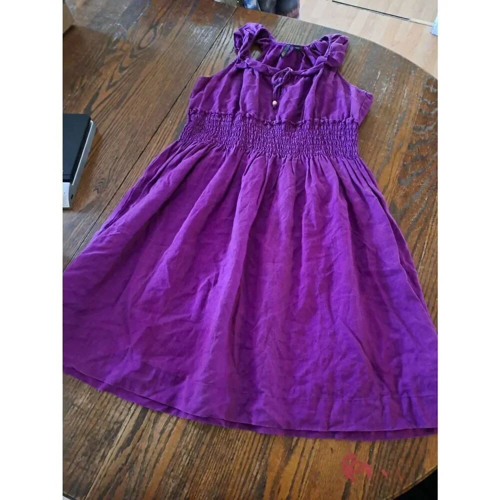 Med Nine West Purple Linen Sleeveless Tank Strap Ruffle Shirred Summer Sundress